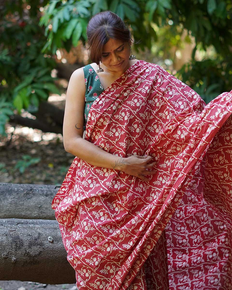 Summer At Nani’s Rust Red Hand Block Printed Cotton Saree - UMT
