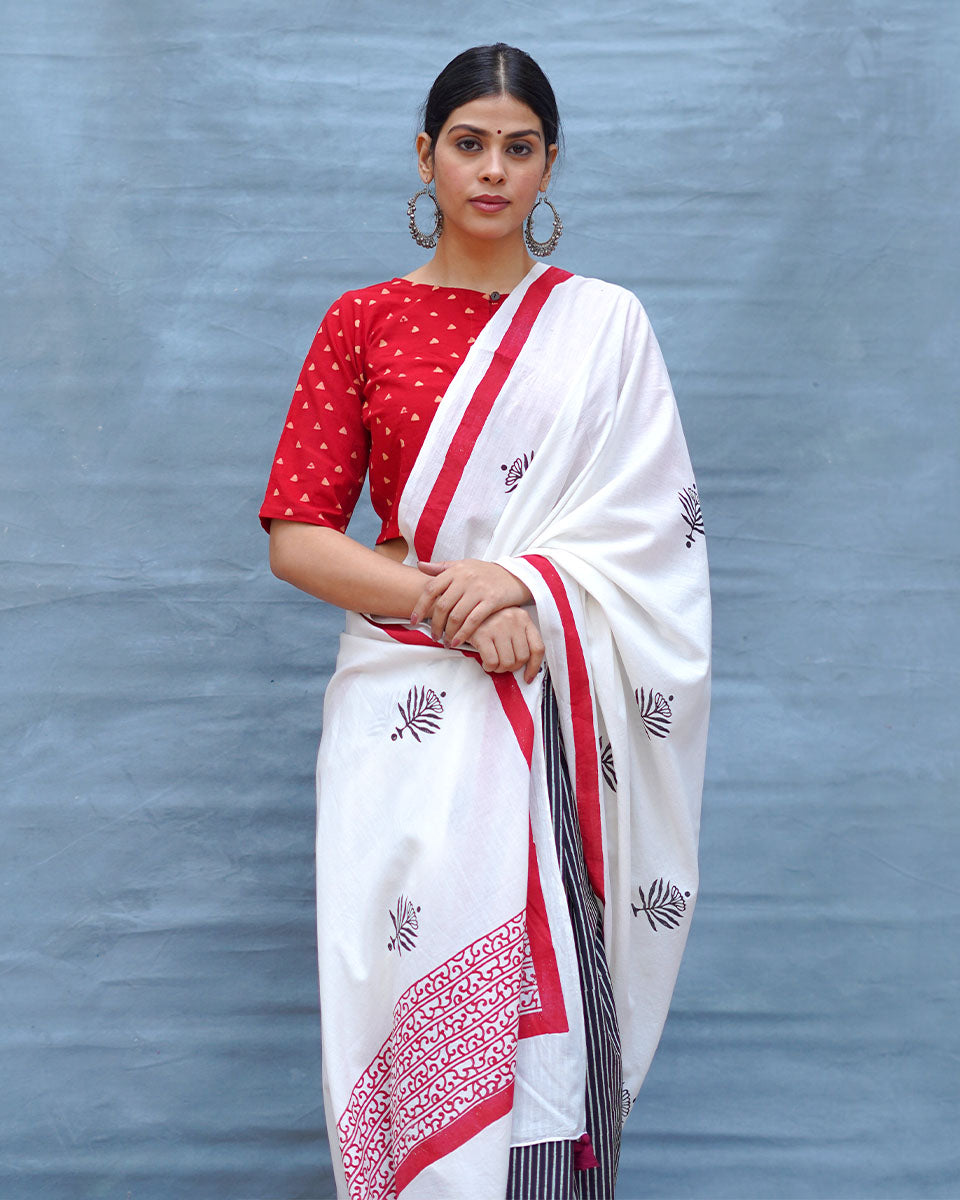 Moon & Mist Black & White Handblock Print Cotton Saree - M&M