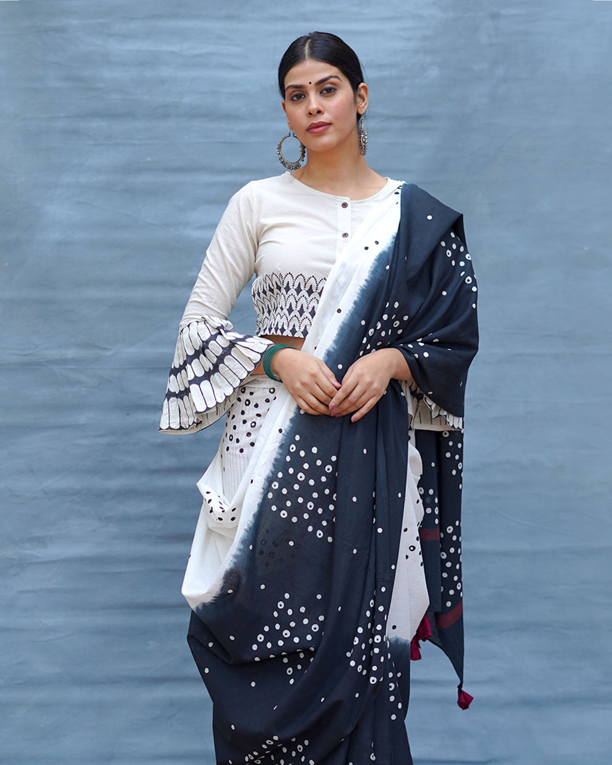 Colourblind Black & White Handblock Print Cotton Saree - M&M