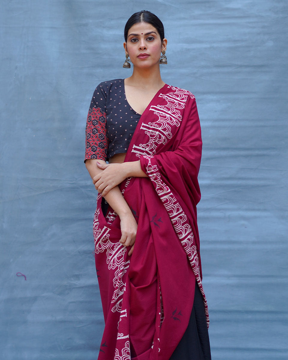 Damini Maroon With Black Handblock Printed Cotton Saree - Soil