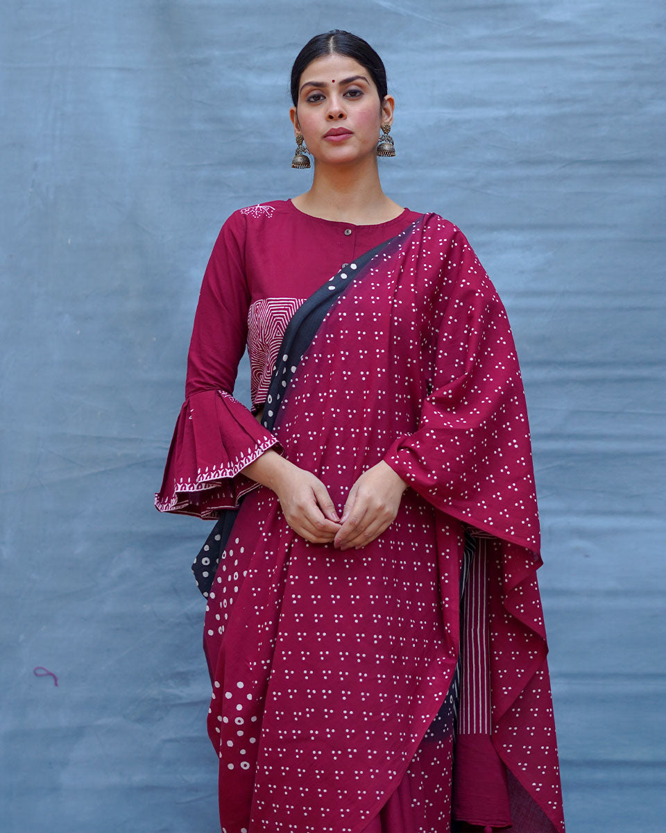 Nandini Maroon With Black Handblock Printed Cotton Saree - Soil