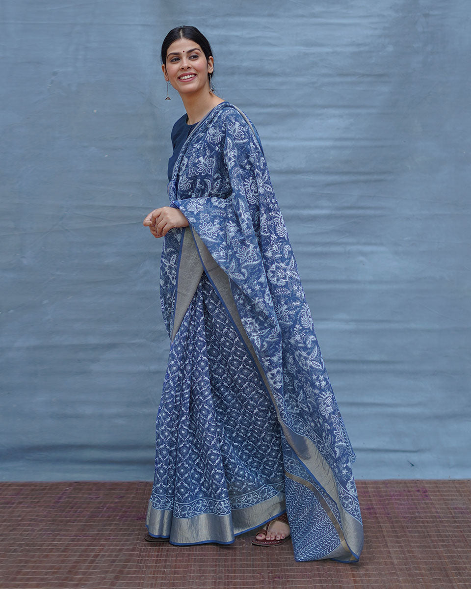 Waiting Sea Blue Block Printed Kota Doria Saree - INDI