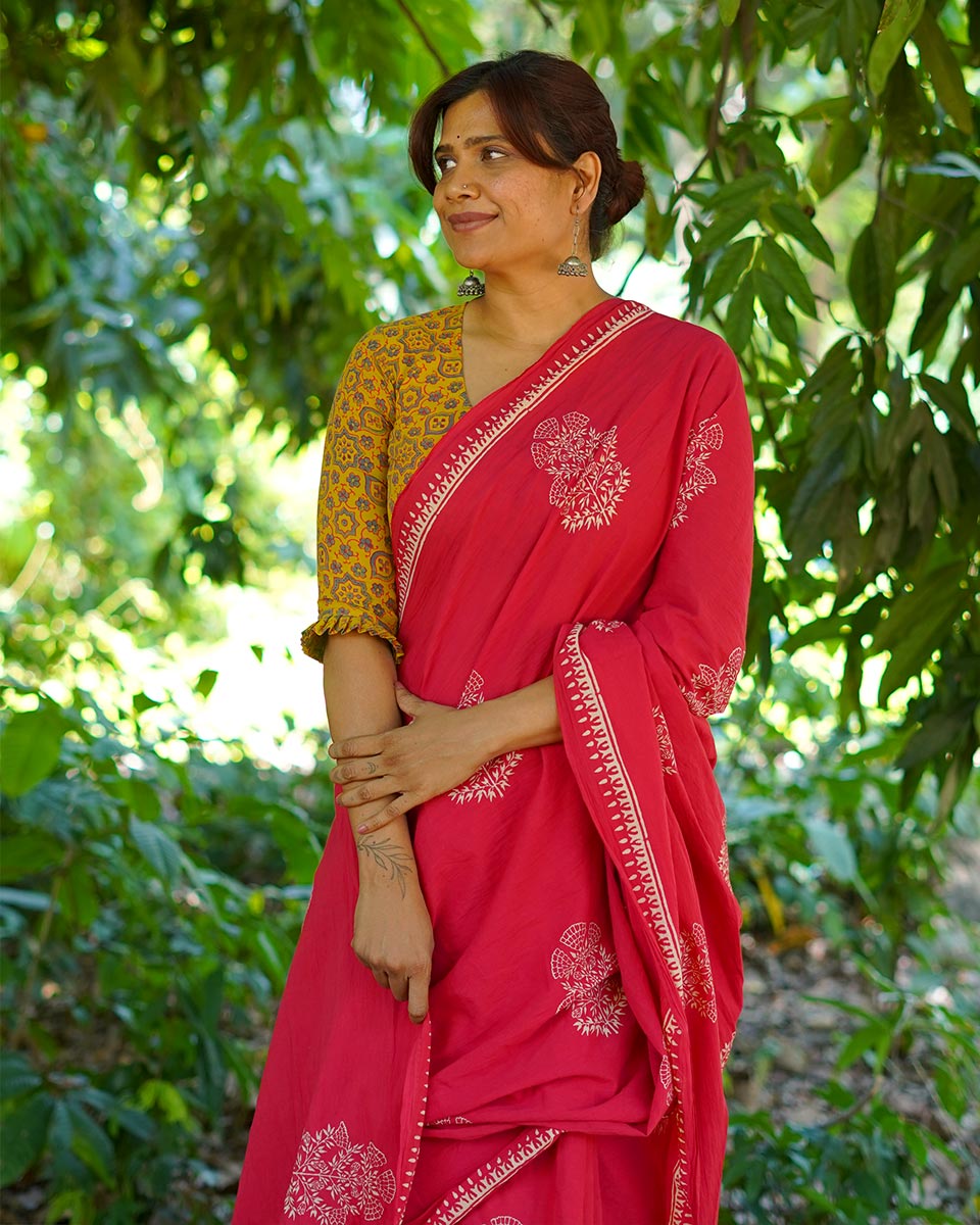 Walking Barefoot Red Hand Block Printed Cotton Saree - UMT