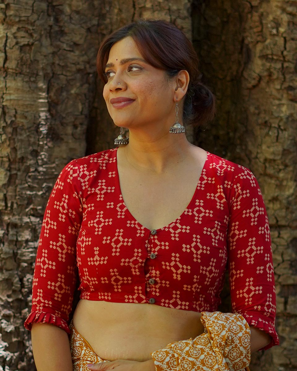 Gulkand Candies Rust Red Hand Block Printed Cotton Blouse - UMT