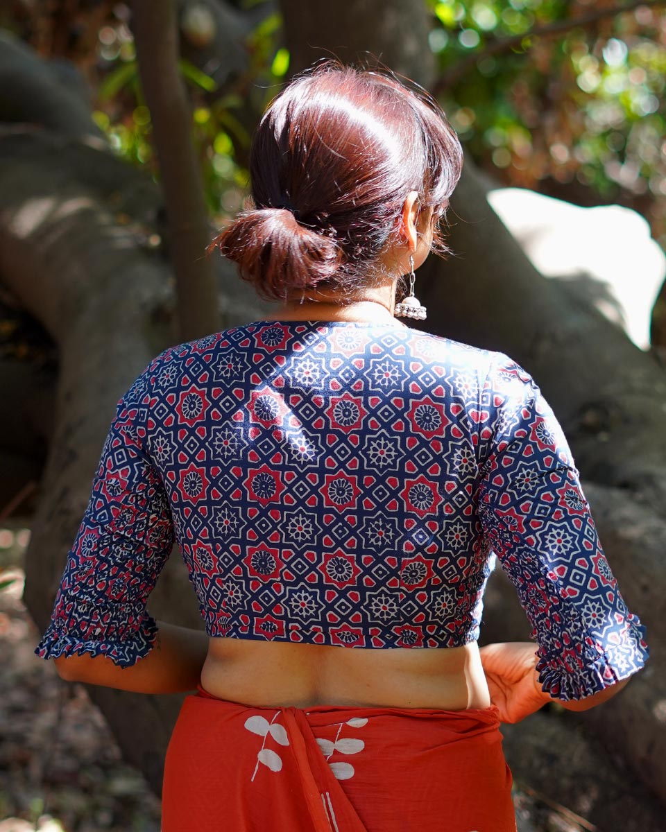 Carefree Hours Indigo Blue Hand Block Printed Cotton Blouse - UMT