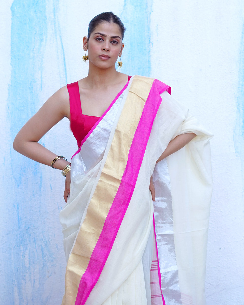 Hera Ivory White Handwoven Cotton Saree - NTC