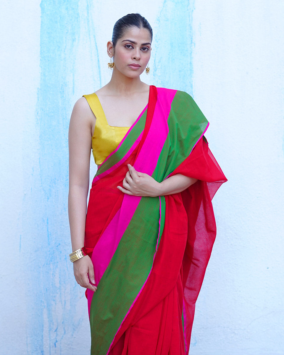 Eos Red With Green Handwoven Cotton Saree - NTC