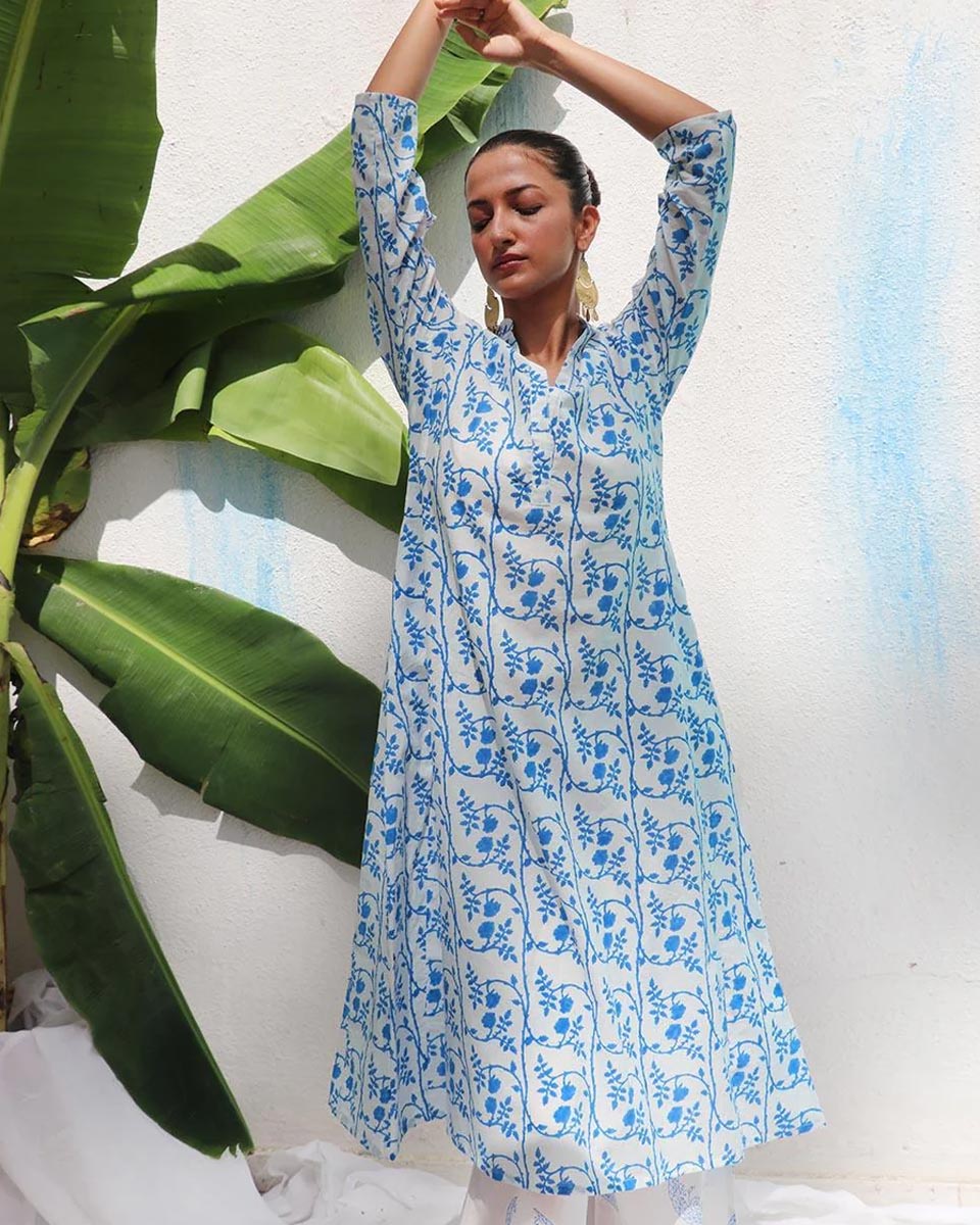 Rohini White With Blue Handblock Print Cotton Kurta - WITC