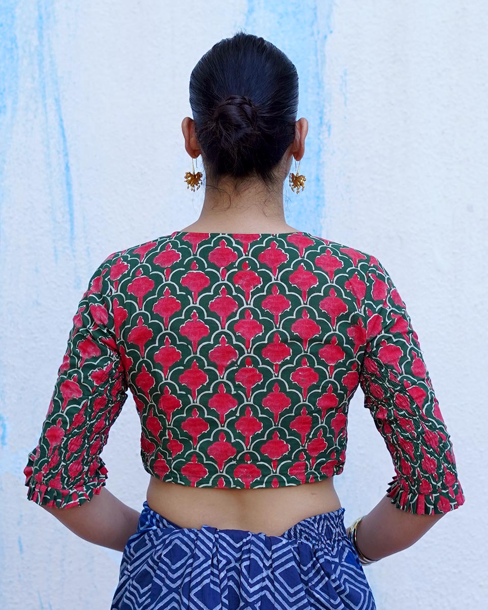 Nowhere To Be Green Hand Block Printed Cotton Blouse - UMT