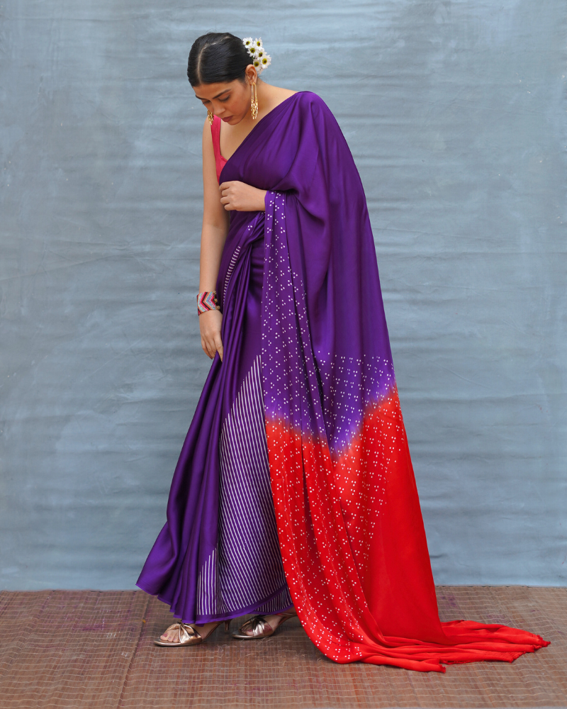 Still Current Purple Handblock Print Modal Silk Saree - Flow