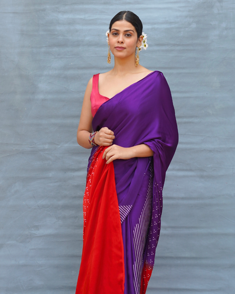Still Current Purple Handblock Print Modal Silk Saree - Flow