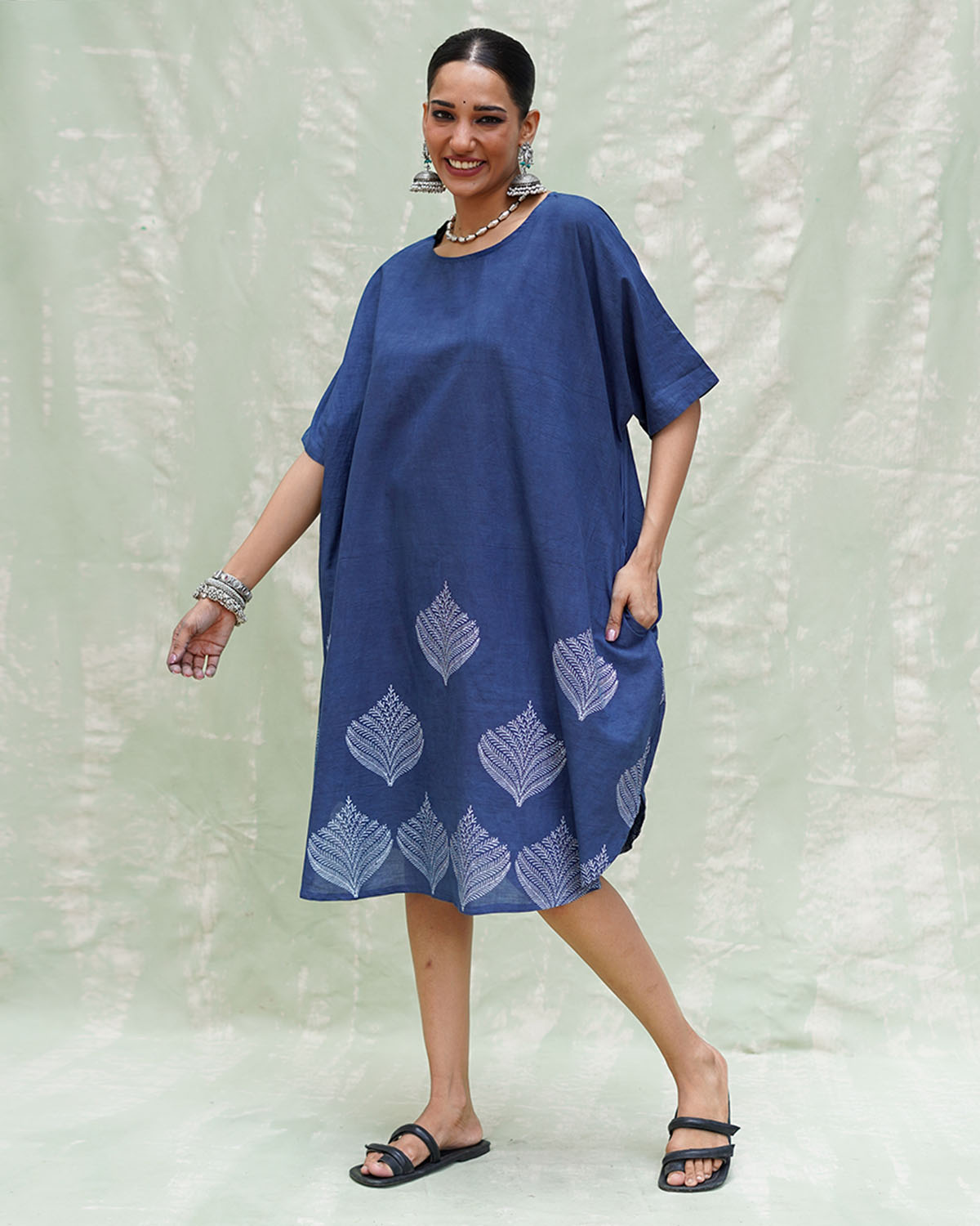 Megh Malhar Blue Handblock Print Cotton Dress - INDI