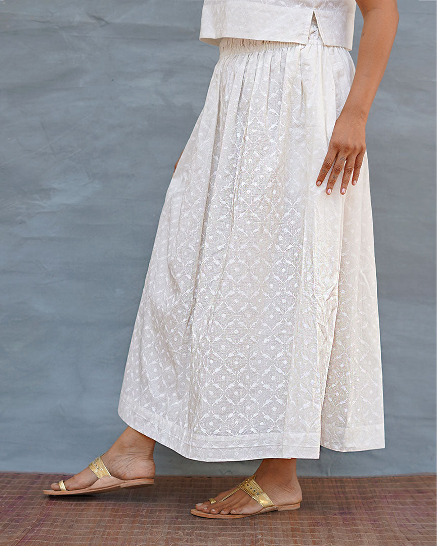 Summer Haze White Handblock Print Cotton Skirt - Safed