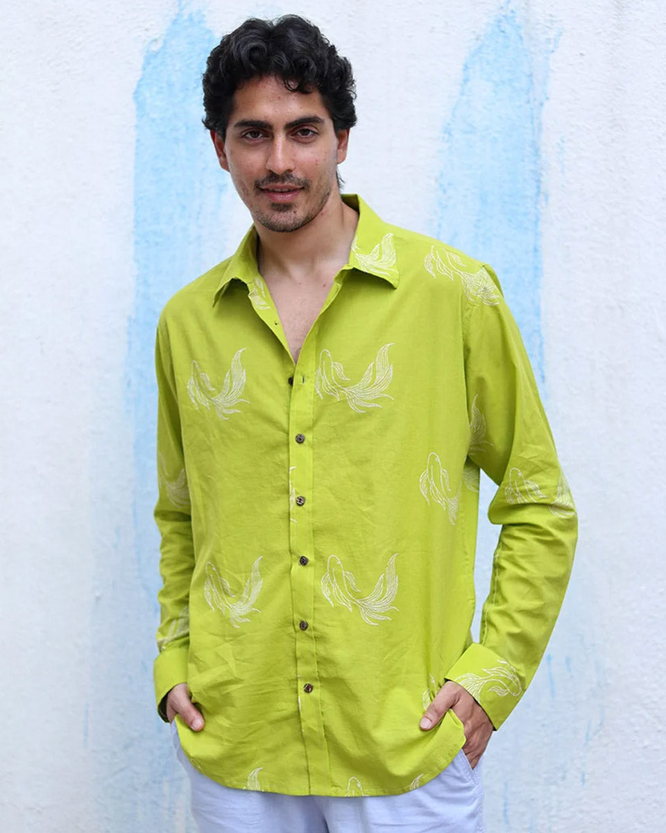 Chirag Lime Green  Hand Block Print Cotton Shirt -TOF