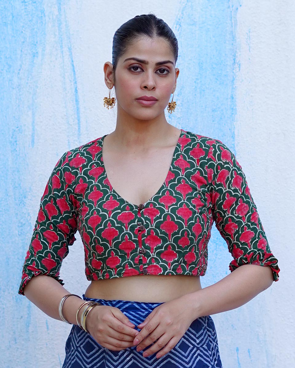 Nowhere To Be Green Hand Block Printed Cotton Blouse - UMT