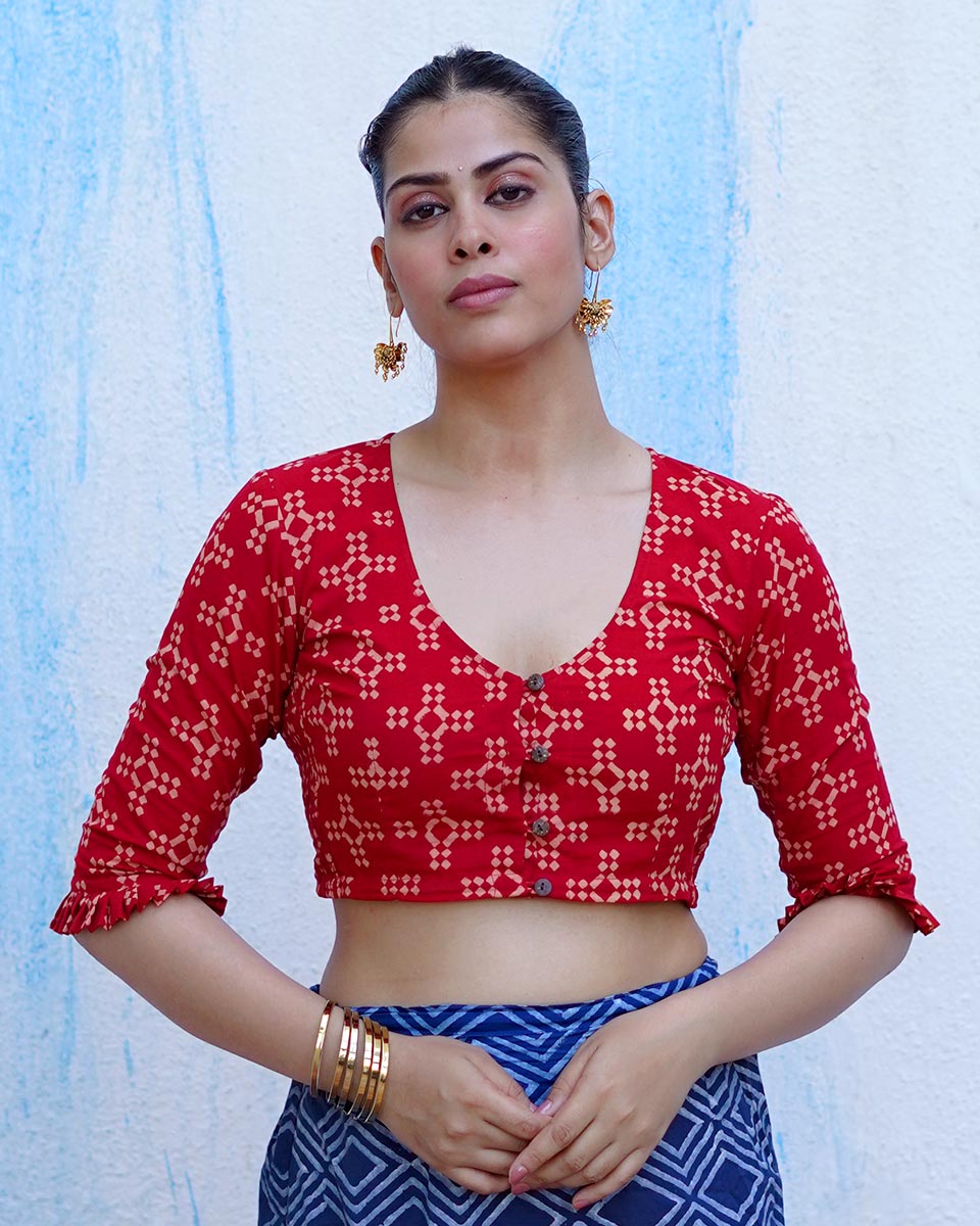 Gulkand Candies Rust Red Hand Block Printed Cotton Blouse - UMT