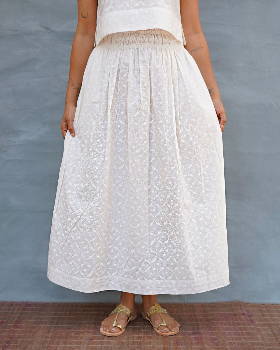 Summer Haze White Handblock Print Cotton Skirt - Safed