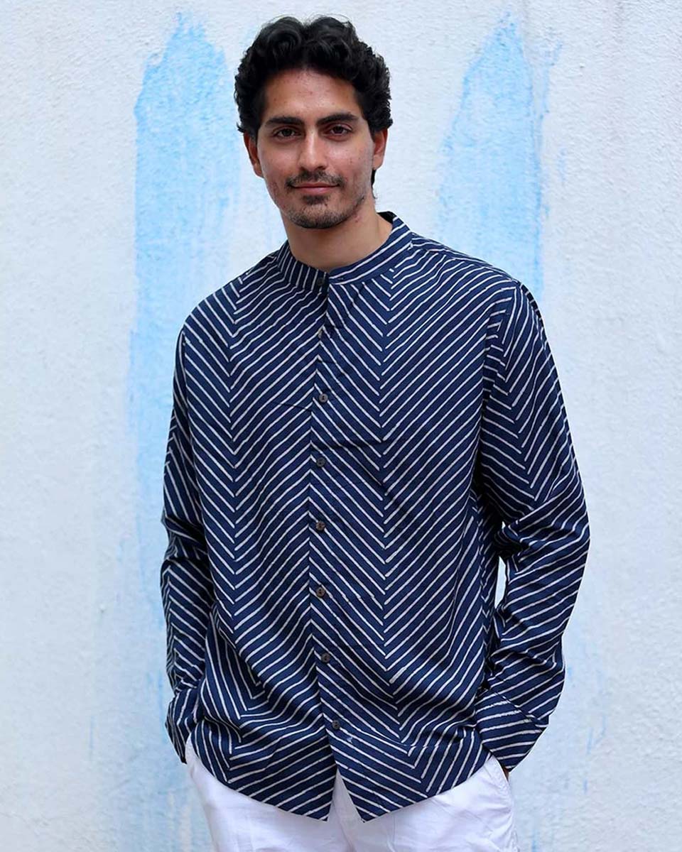 Aangan Blue Hand Block Print Cotton Shirt -TOF