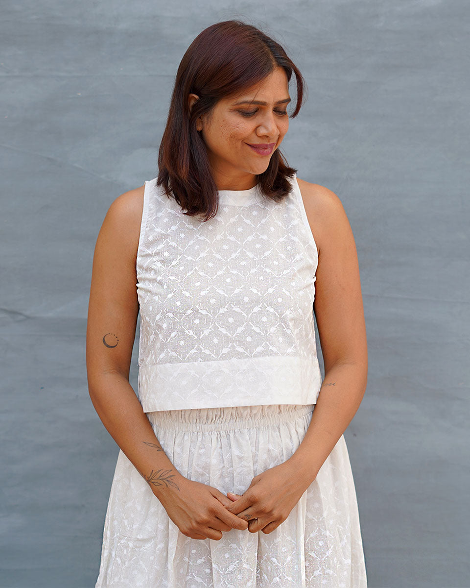 Moonflower White Handblock Print Cotton Top - Safed