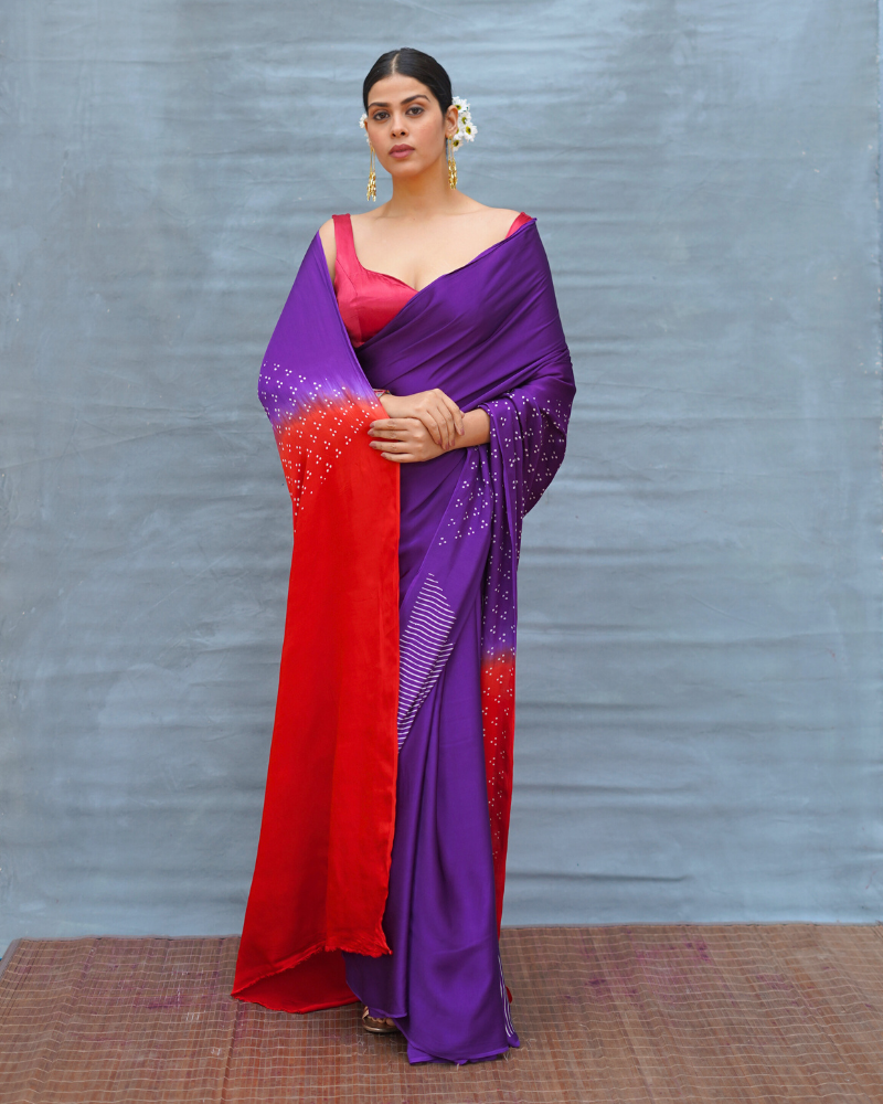 Still Current Purple Handblock Print Modal Silk Saree - Flow
