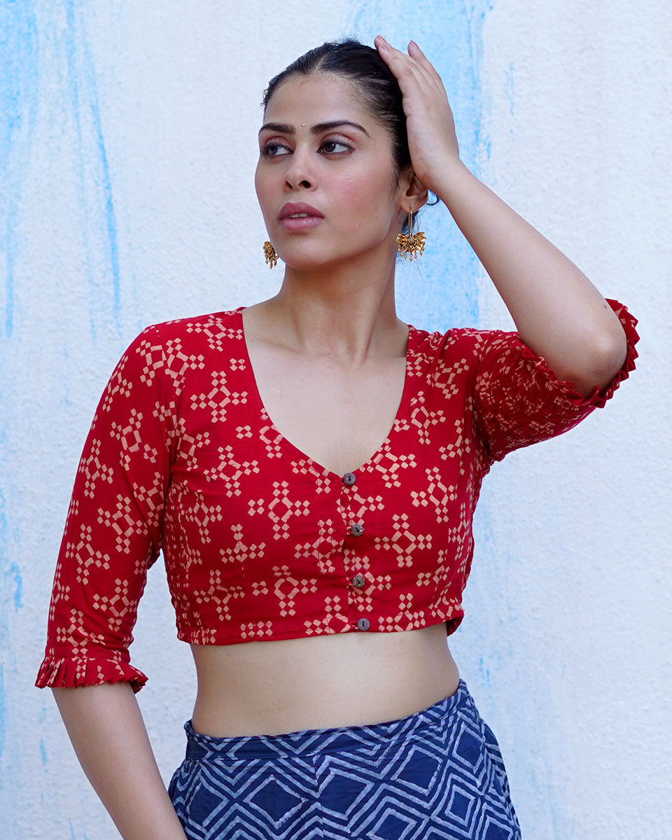 Gulkand Candies Rust Red Hand Block Printed Cotton Blouse - UMT