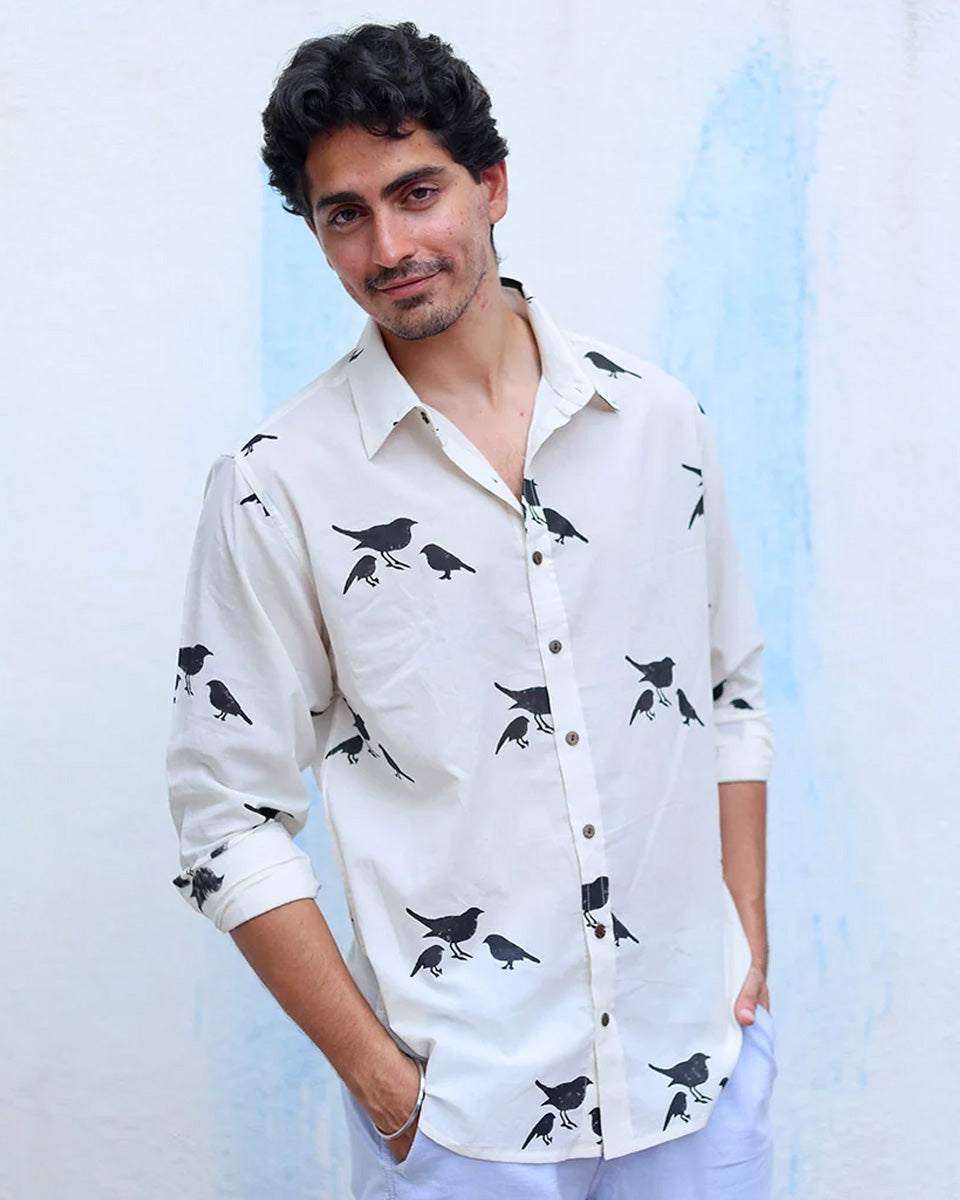 Aabhas White Hand Block Print Cotton Shirt -TOF