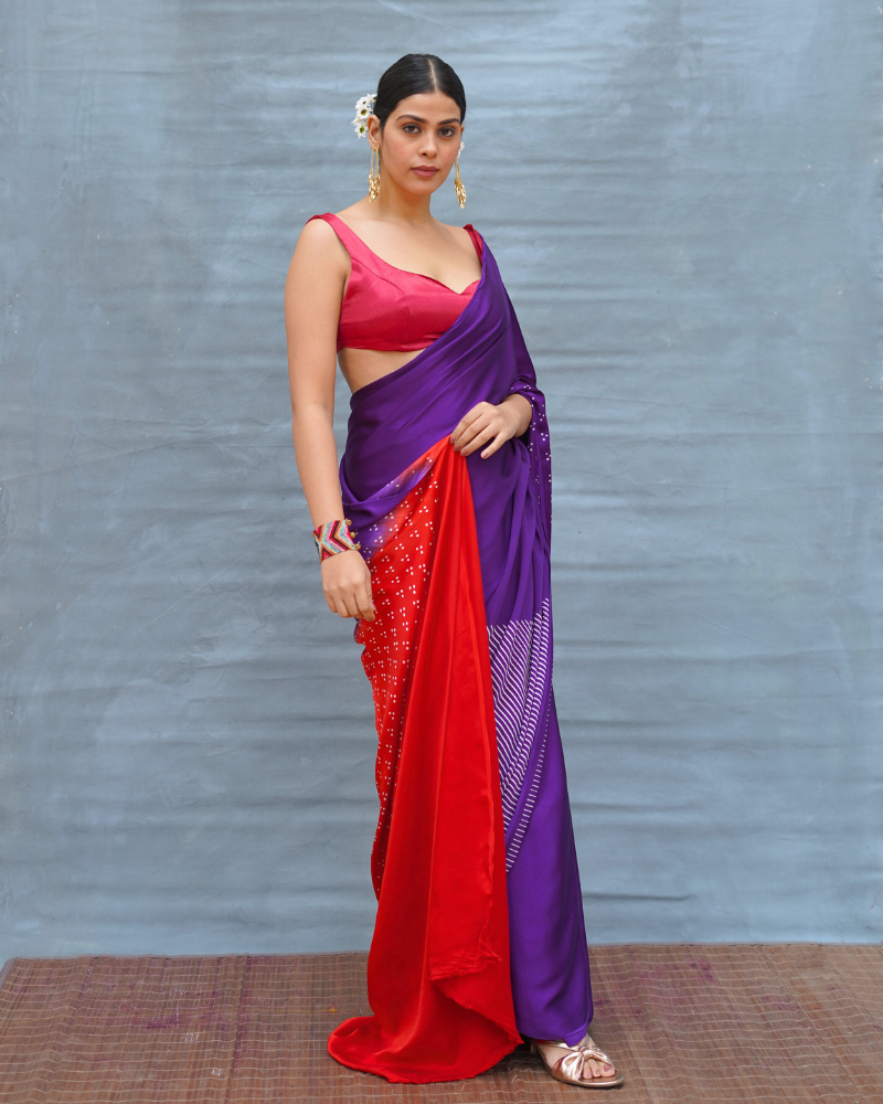 Still Current Purple Handblock Print Modal Silk Saree - Flow