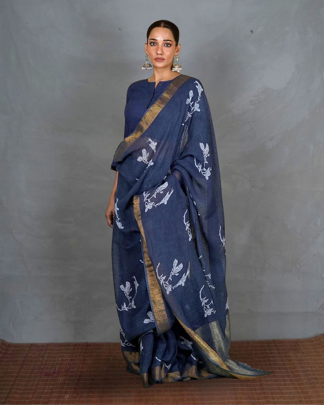 Purva Blue Handblock Print Linen Saree - INDI