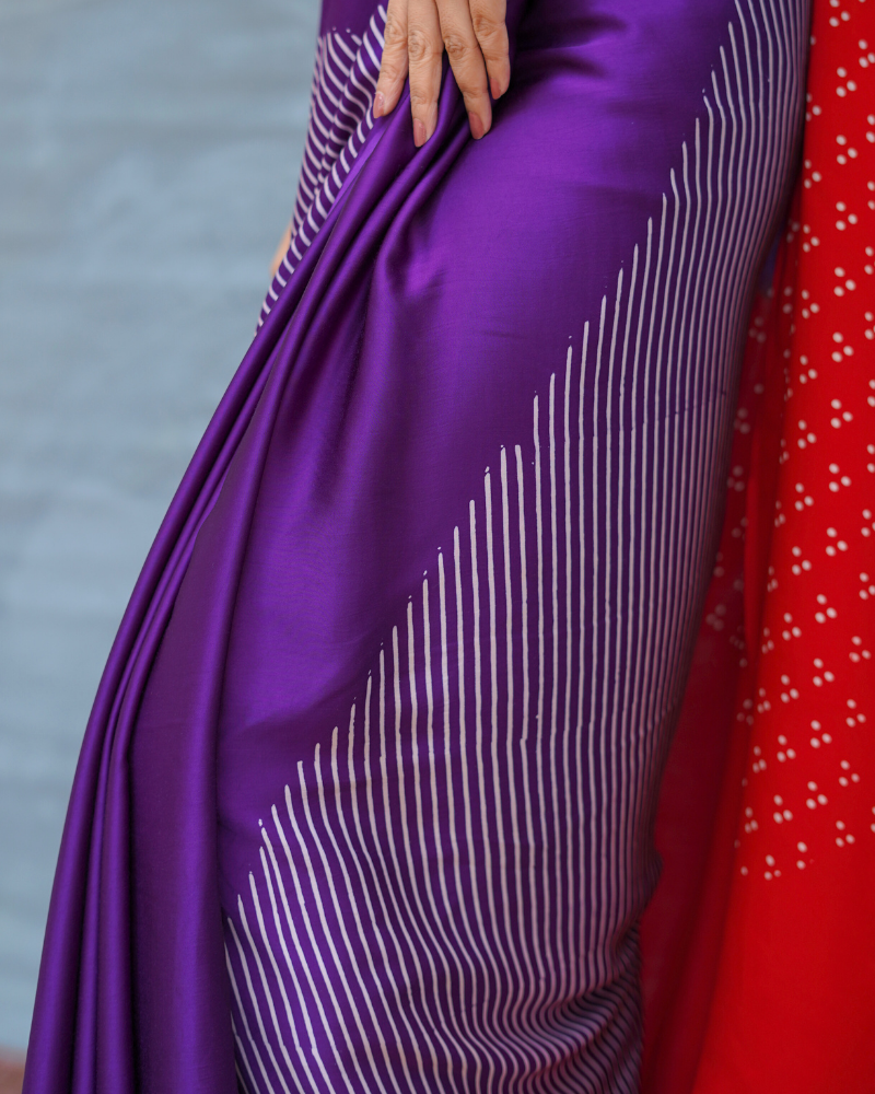 Still Current Purple Handblock Print Modal Silk Saree - Flow