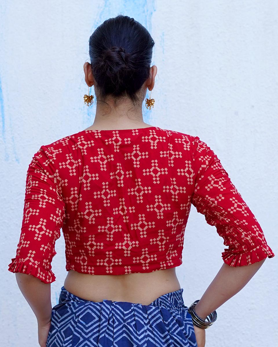 Gulkand Candies Rust Red Hand Block Printed Cotton Blouse - UMT