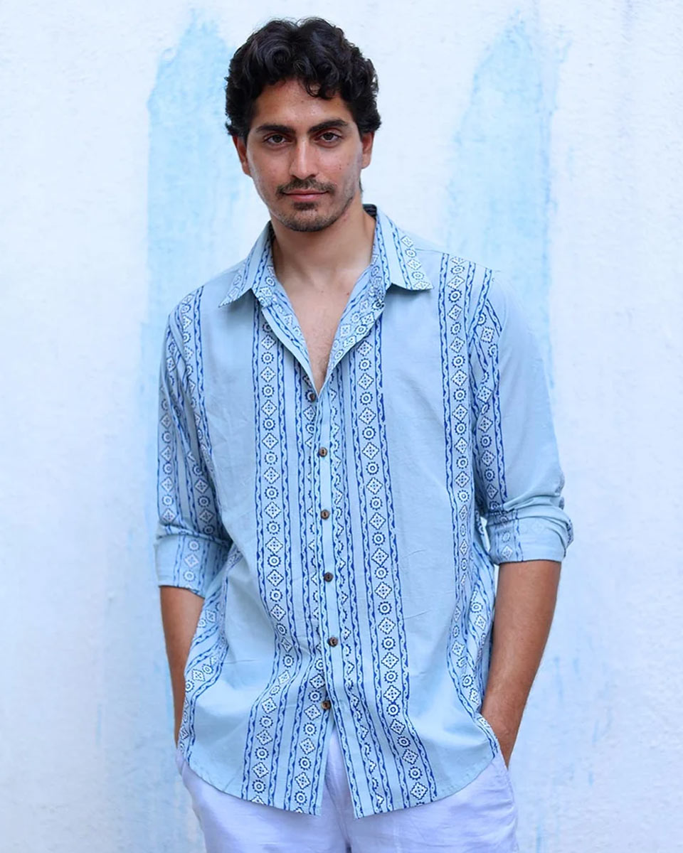 Viraj Blue Hand Block Print Cotton Shirt -TOF
