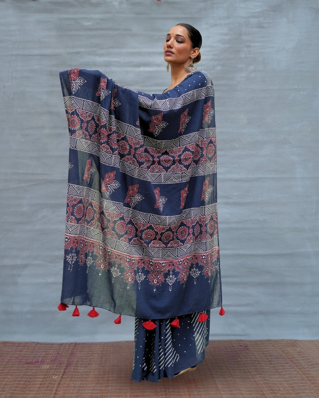 Blue Moon Handblock Print Cotton Saree - MNCH