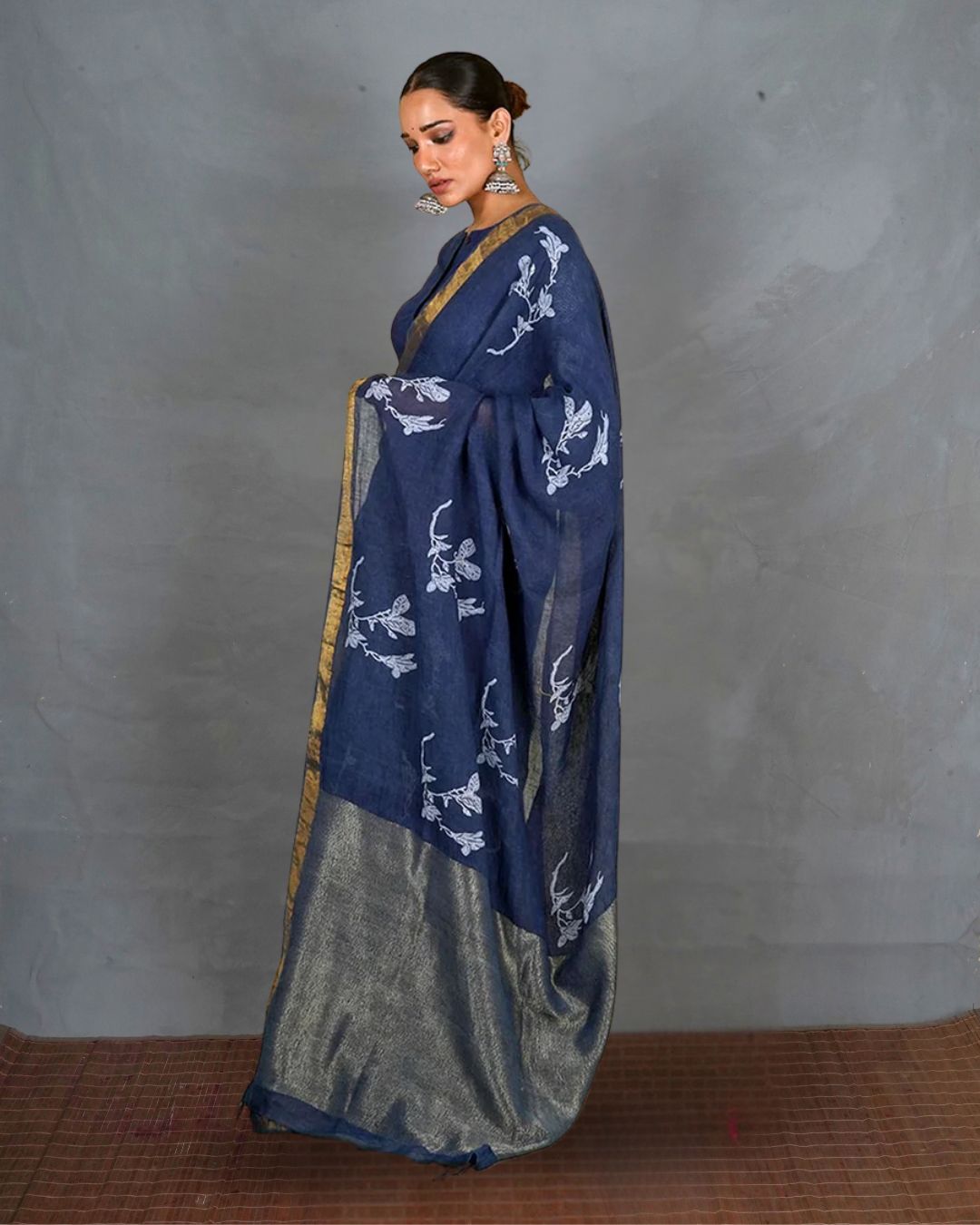 Purva Blue Handblock Print Linen Saree - INDI