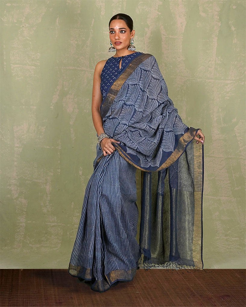 Malhari Blue Handblock Print Linen Saree - INDI