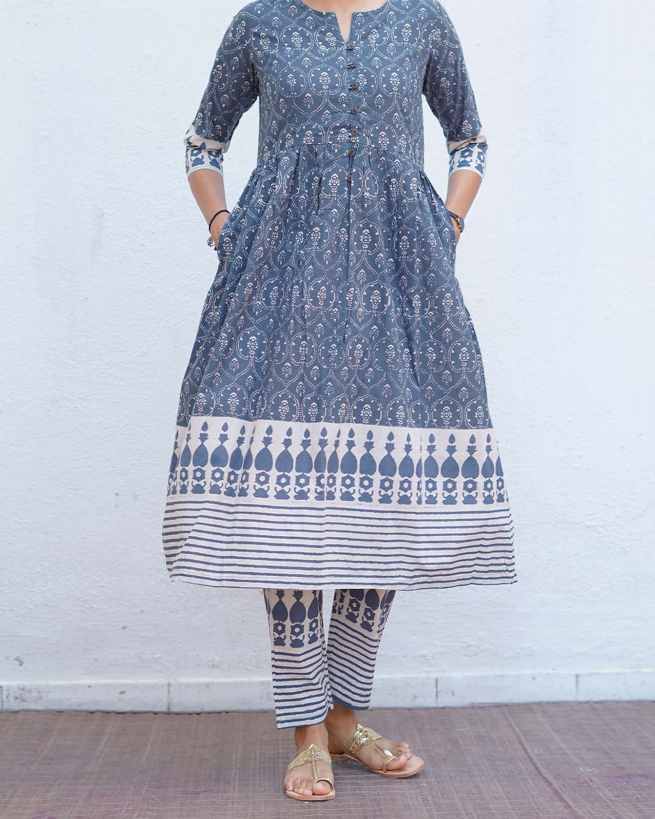 Hollow Dusk Grey Block Printed Kurta Set - BMS