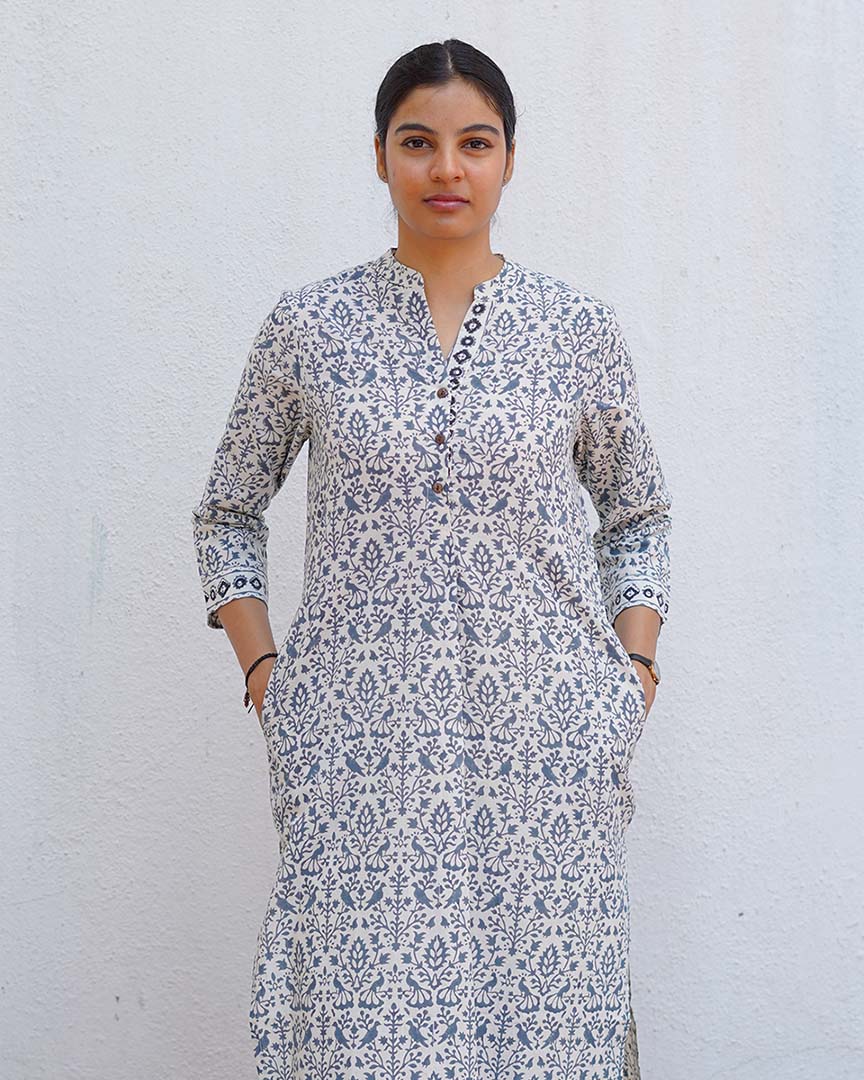 Monsoon Sea Grey Block Printed Cotton Kurti - BMS
