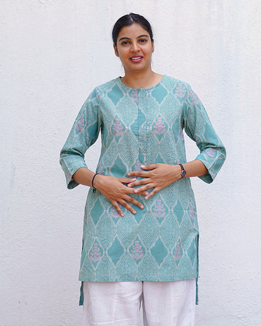 Tenderness of Tulips Teal Green Block Printed Kurti - MMG