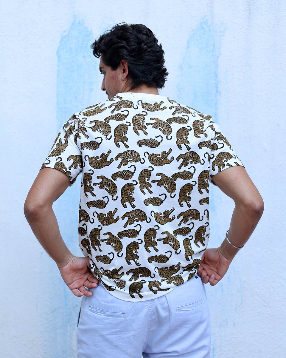 Manzar White Hand Block Print Cotton T- Shirt - TOF