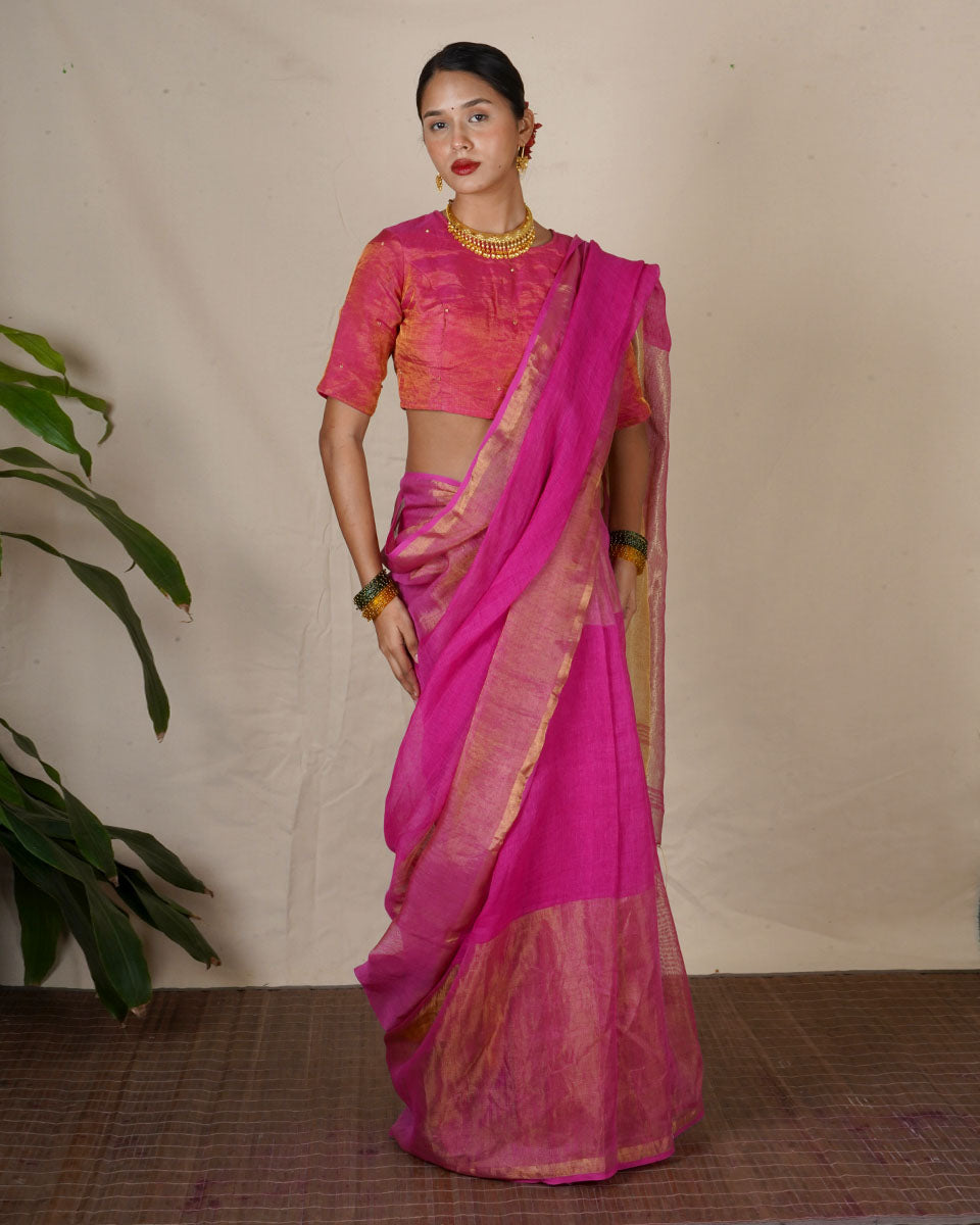 Ujjwala Pink Handwoven Linen Zari Saree - Eknoor