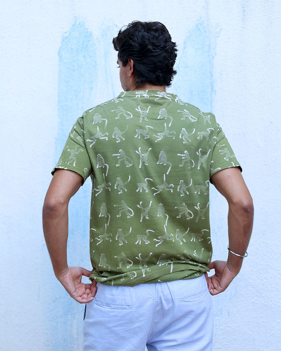 Ranjha Olive Green White Hand Block Print Cotton T- Shirt - TOF
