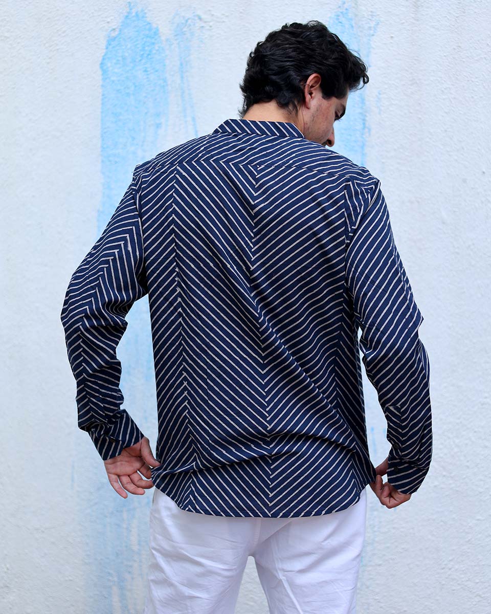 Aangan Blue Hand Block Print Cotton Shirt -TOF