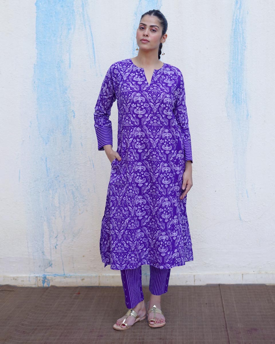 Hawa Purple Handblock Print Cotton Kurta Set - BFG