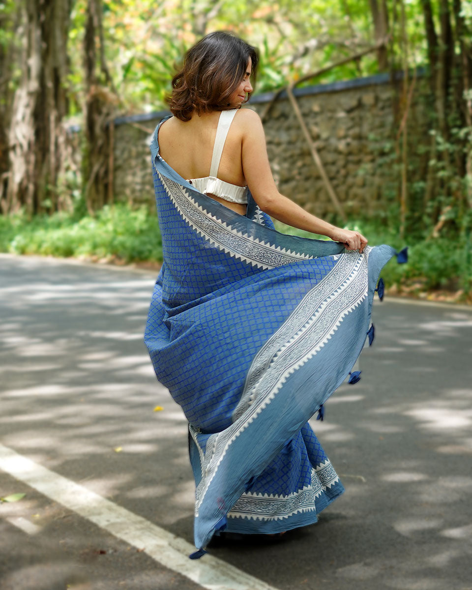 Butterflypea Pudding Blue Handblock Print Cotton Saree - PBC