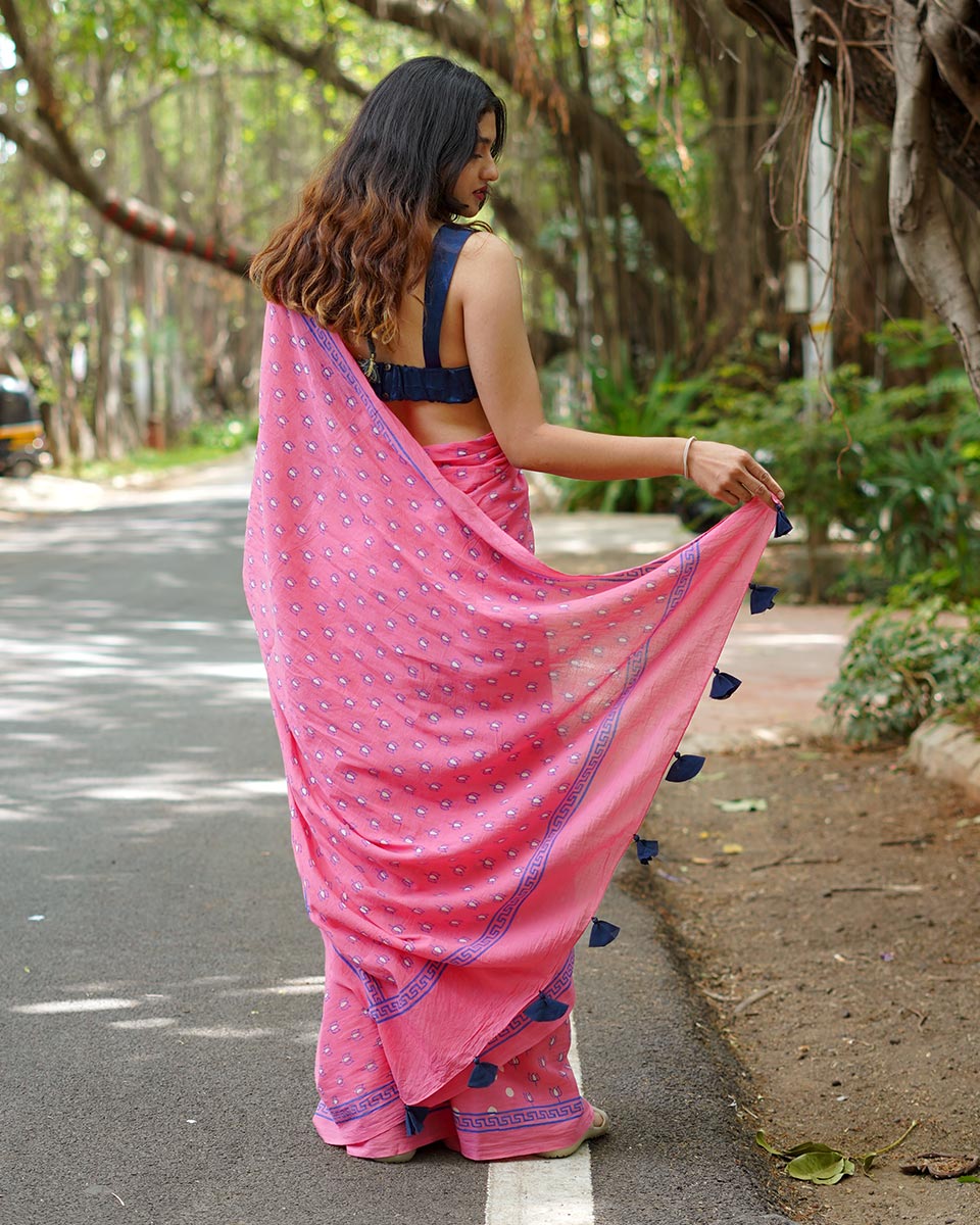 Rose Rabdi Pink Handblock Print Cotton Saree - PBC