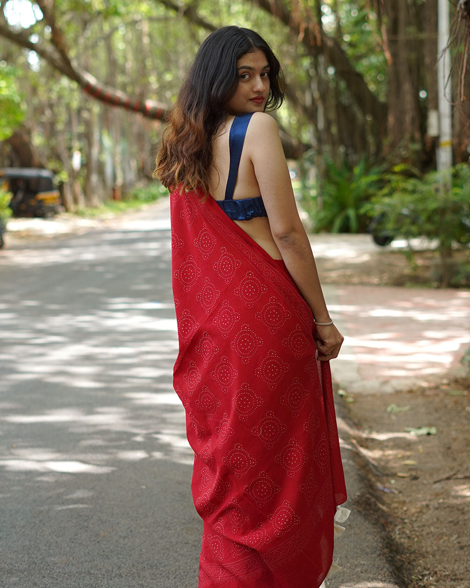 Raspberry Custard Red Handblock Print Cotton Saree - PBC