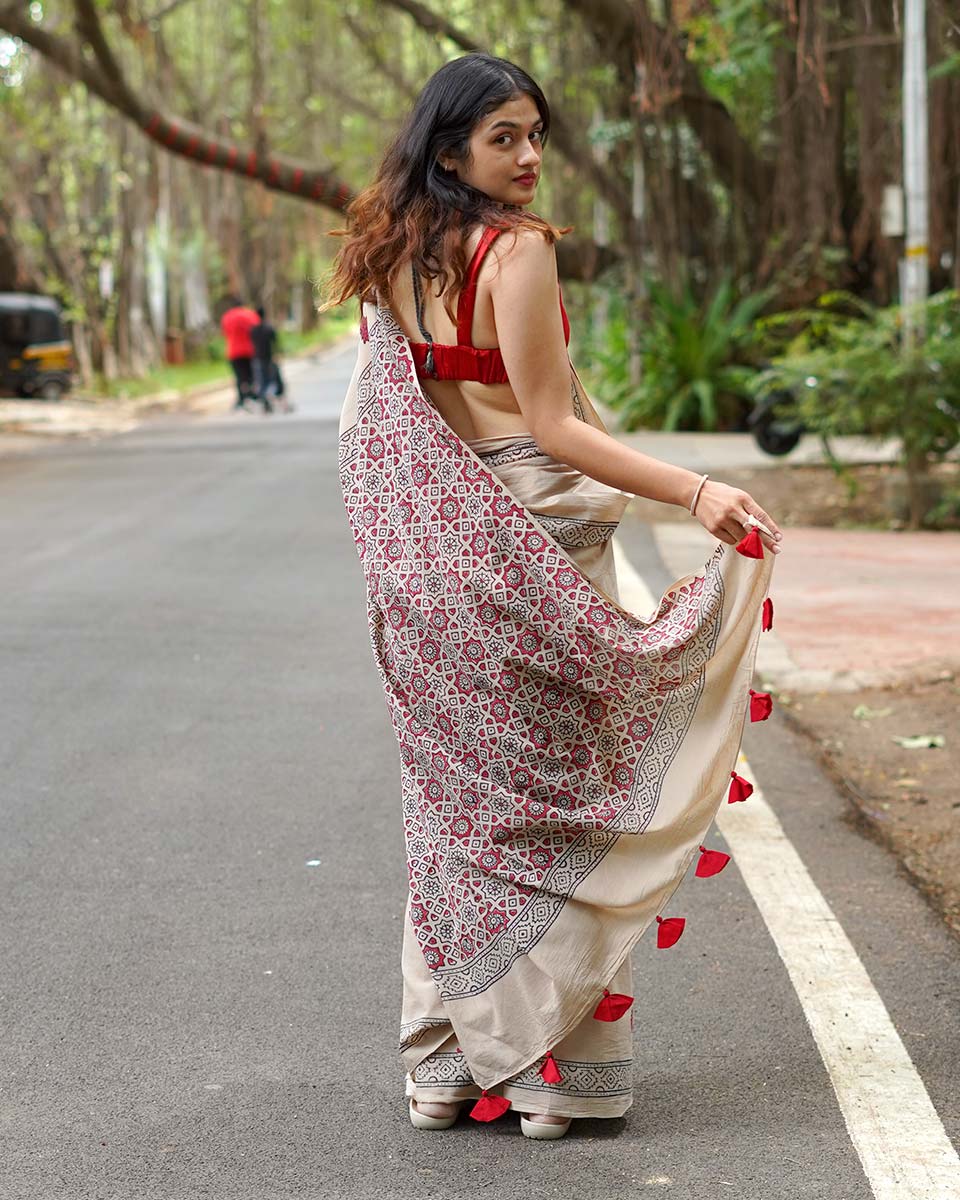 Coconut Chikki Beige Handblock Print Cotton Saree - PBC
