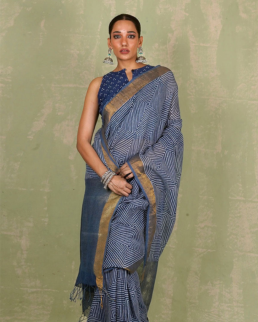 Sarang Blue Handblock Print Linen Saree - INDI