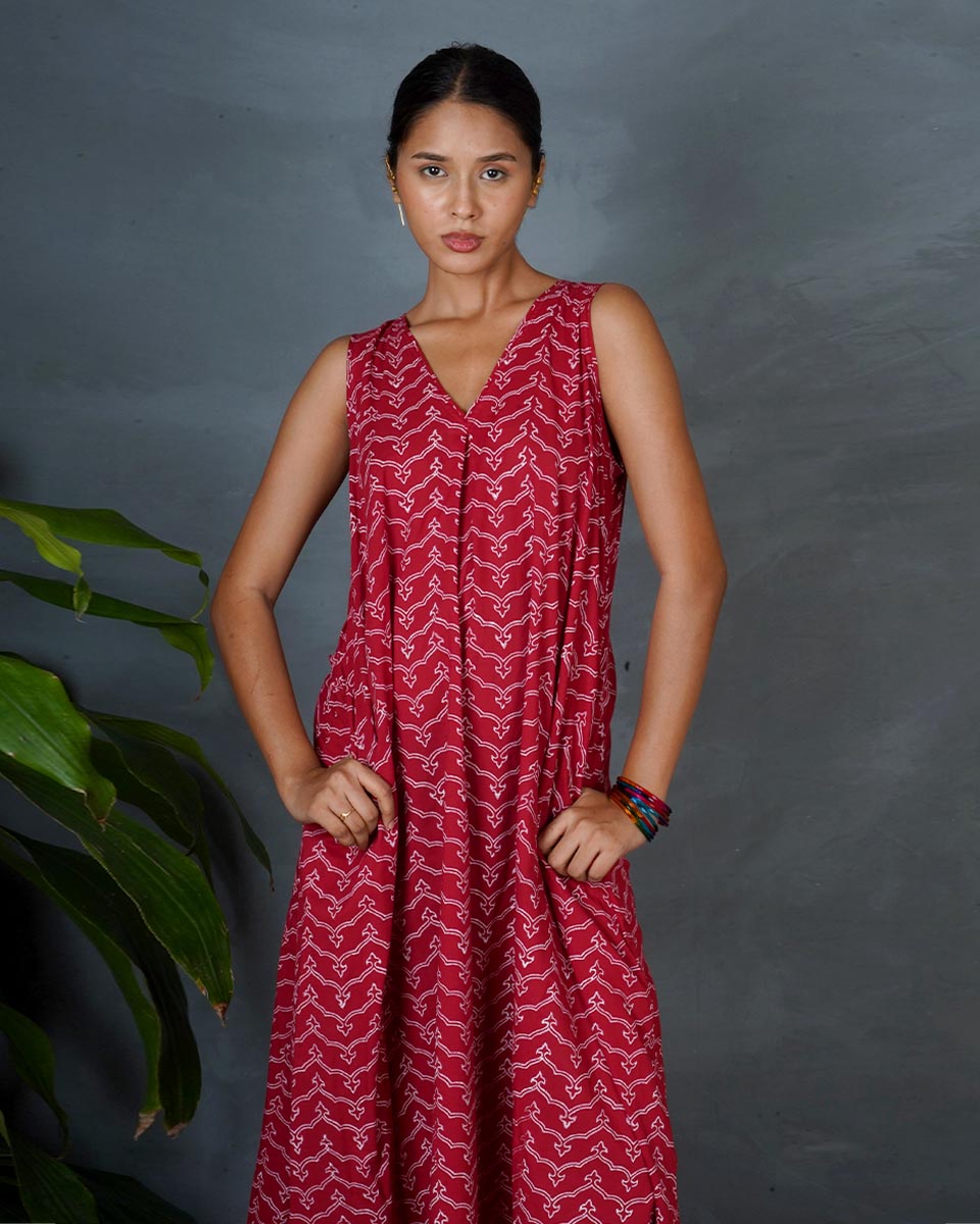 Sparshika Red Hand Block Printed Dress-MYA