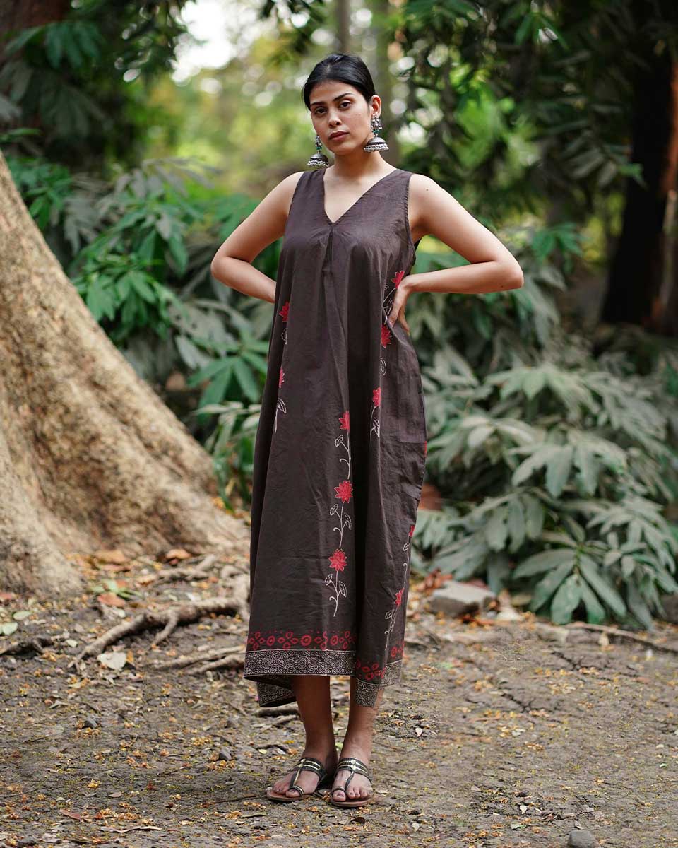 Suhani Brown Block Printed Cotton Dress - WW