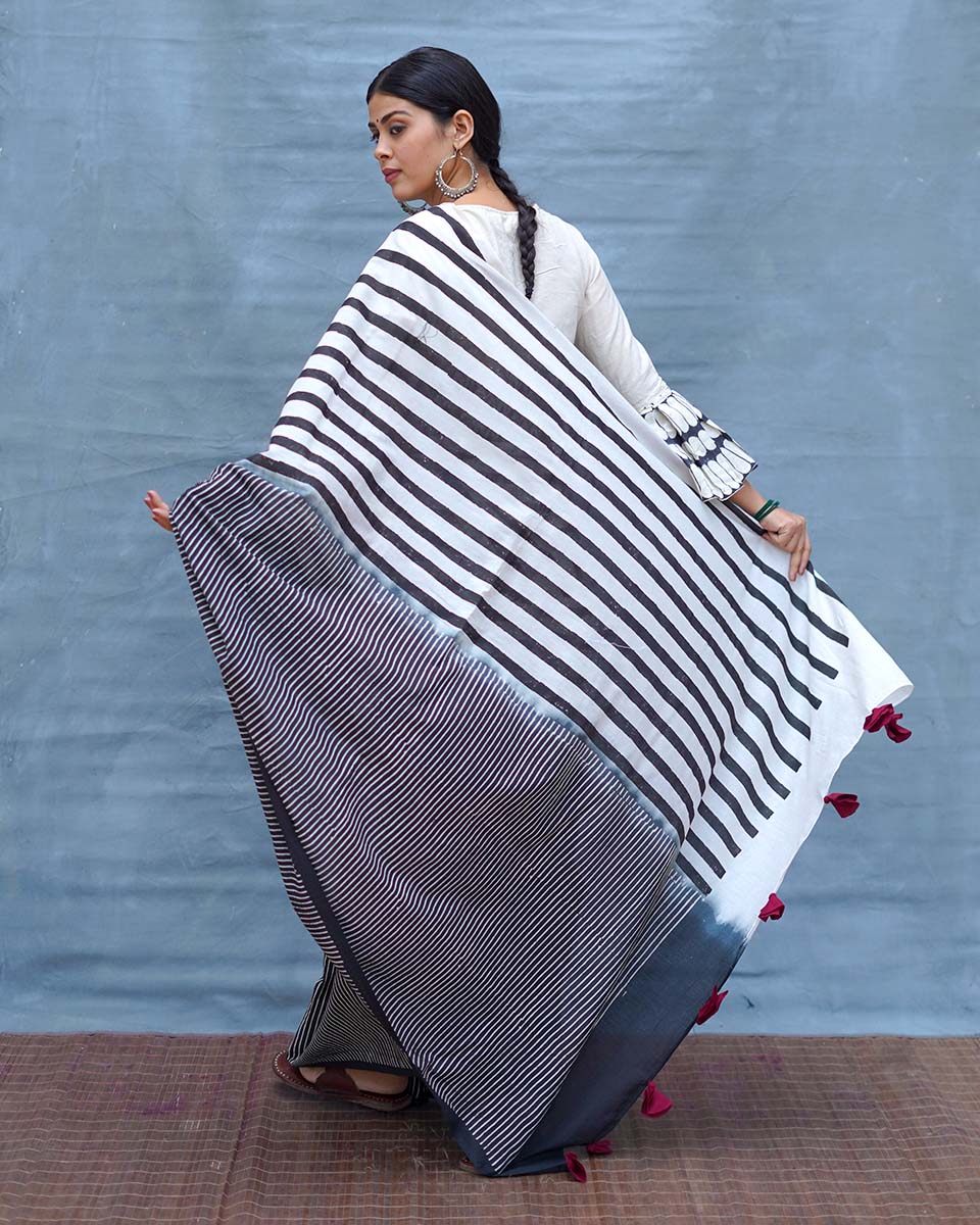 Black or White Handblock Print Cotton Saree - M&M